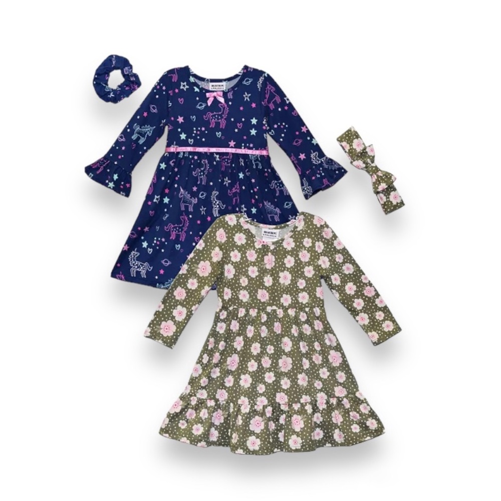 Blueberi Boulevard Toddler Girls 2 Pack Dresses with Hair Accessories 6X